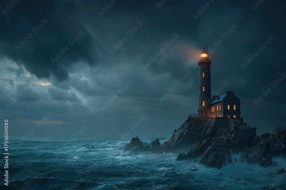 Fototapeta premium Lighthouse on a rocky island during a stormy night with rough seas and dark clouds