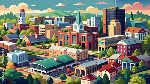 Very beautiful aerial view of Fayetteville, North Carolina, USA, showcasing the downtown business district, main street, government buildings, and the historic First Baptist Church surrounded by 