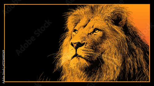 Majestic golden male lion portrait with powerful mane and intense gaze, artistic wildlife illustration against a dark, warm background.