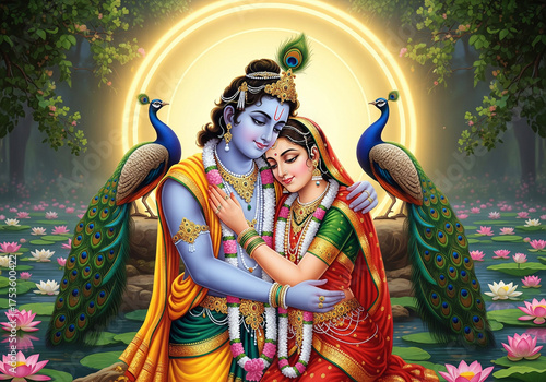 Enchanting Depiction of Radha Krishna, Divine Couple, Peacock, Lotus, Glowing Aura, Religious Art.