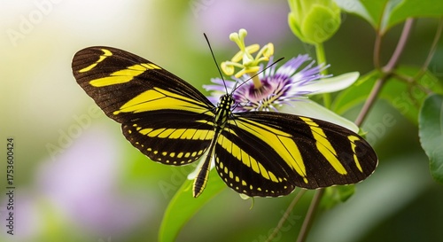 Vibrant Tiger Longwing Butterfly Perched on a Purple Passion Flower