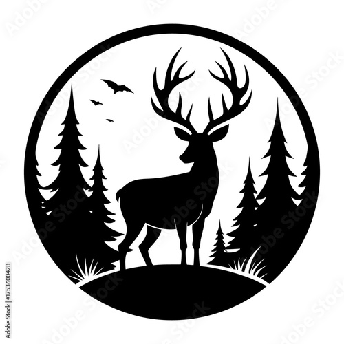Stylized vector silhouette illustration of a wild deer with prominent antlers, perfect for a nature or Christmas design