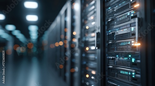 High tech data center interior with server racks and led lighting