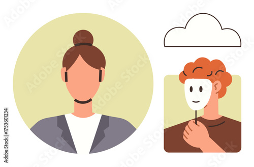 Portrait of a professional woman alongside a person holding a theatrical mask. Ideal for identity, duality, self-expression, deceit, psychology, emotional health, and communication. A simple flat