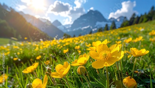 Fototapeta Naklejka Na Ścianę i Meble -  A sunny meadow filled with yellow flowers stretches towards a mountain range, sky is a mix of bright blue and white clouds