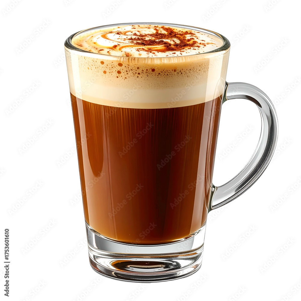 Obraz premium Glass mug filled with layered coffee beverage, topped with foam and sprinkled with cocoa