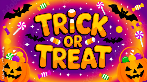 Trick or Treat. Halloween pumpkins, bats, candys, sweets template design for banner, poster. Happy Halloween party greeting card. Trick or Treat text clipart for Halloween design. Halloween decoration