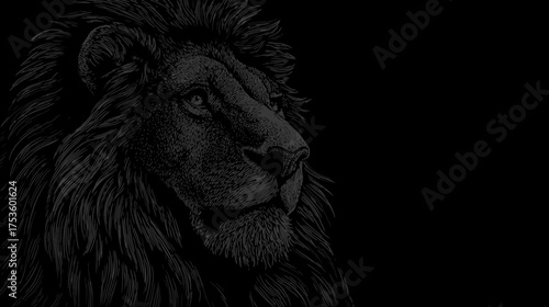 Powerful and majestic dark lion portrait, stylized digital illustration on a deep black background, wildlife animal art