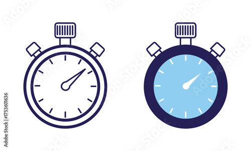 Minimalist vector illustration of two blue stopwatch icons side by side, one outlined and one solid, on a clean white background