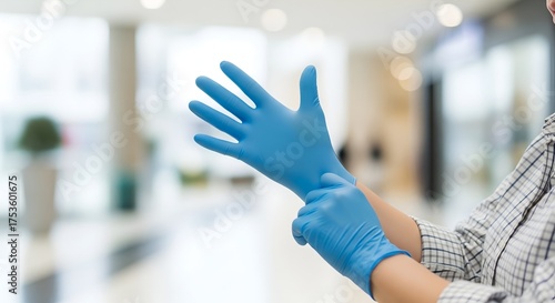 Person putting on blue disposable latex or nitrile gloves for protection and hygiene in a clean environment