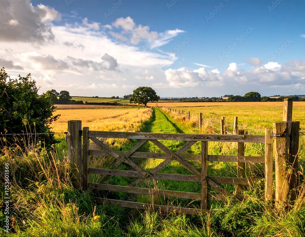 Fototapeta premium A rural scene with a wooden gate leading to a path in the countryside. Fields are gold in the sunlight. The sky is blue with fluffy clouds