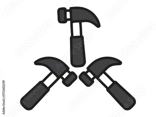 Three stylized hammers with dark heads and grey handles in a flat design vector icon, representing construction, carpentry, repair, or a general tool concept.