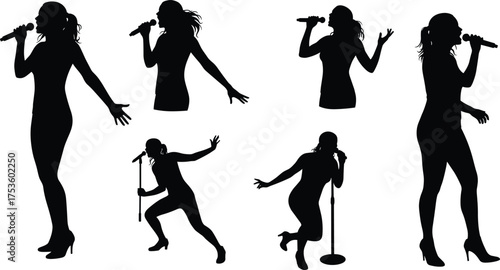 Female singer silhouettes, dynamic stage performance, expressive microphone poses, live concert energy, black and white contrast, emotional music moment, powerful vocal gestures