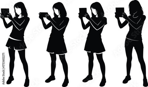 Silhouette person using smartphone, black and white illustration, mobile photography pose, digital lifestyle, handheld device interaction, modern tech behavior, casual stance