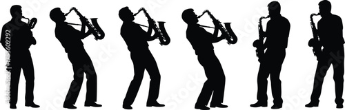 Jazz musician silhouette playing saxophone, dynamic poses, expressive performance, black figure art, musical energy, isolated on white background, perfect for music-themed design