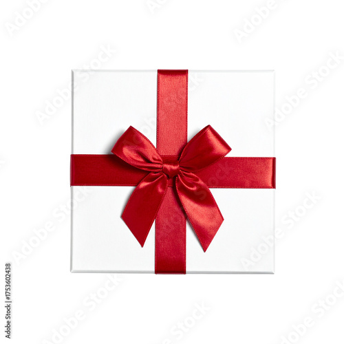  White Square Gift Box with Glossy Red Ribbon Bow, Top-Down View, Isolated 
