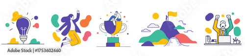 Business success icons set with teamwork, innovation, leadership, and achievement illustrations in modern flat line art style