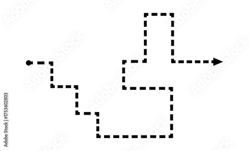 Minimalist maze design featuring a dotted line and arrow indicating direction and pathfinding.