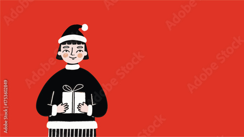 Festive woman in Santa hat holding a Christmas gift box illustration for holiday celebration and seasonal greeting design