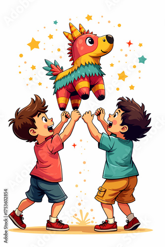 Children happily breaking piñata during a party on a colorful background representing celebration and fun