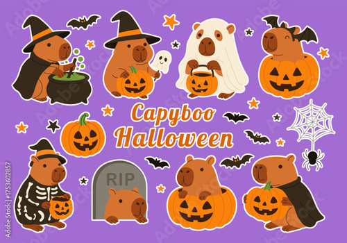 A collection of cute capybaras dressed up in Halloween costumes. The animals are holding pumpkins and there is a gravestone in the background