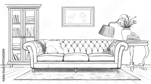 Hand-drawn classic living room interior sketch with tufted sofa, side table, lamp, and bookcase. Vintage line art illustration.