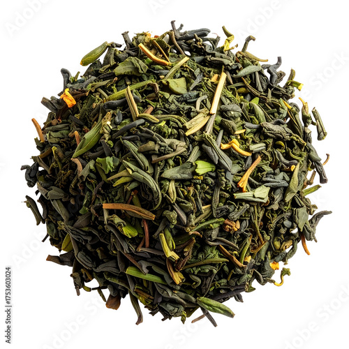 Overhead close-up of loose leaf tea, showcasing varied shades of green and tiny orange pieces