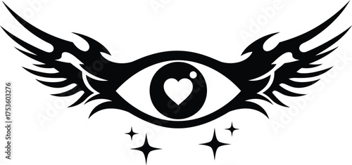 Black tribal eye with heart pupil and fiery wings adorned with sparkling stars below