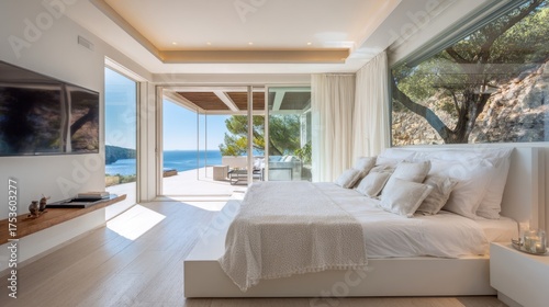 Wallpaper Mural Relax in a modern bedroom featuring elegant decor large windows and breathtaking views of the Mediterranean Sea. Perfect for a luxurious getaway by the coast. Torontodigital.ca