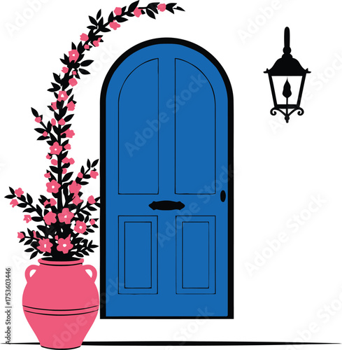 Charming blue arched doorway with blooming orange flowers in a terracotta pot and a vintage lantern
