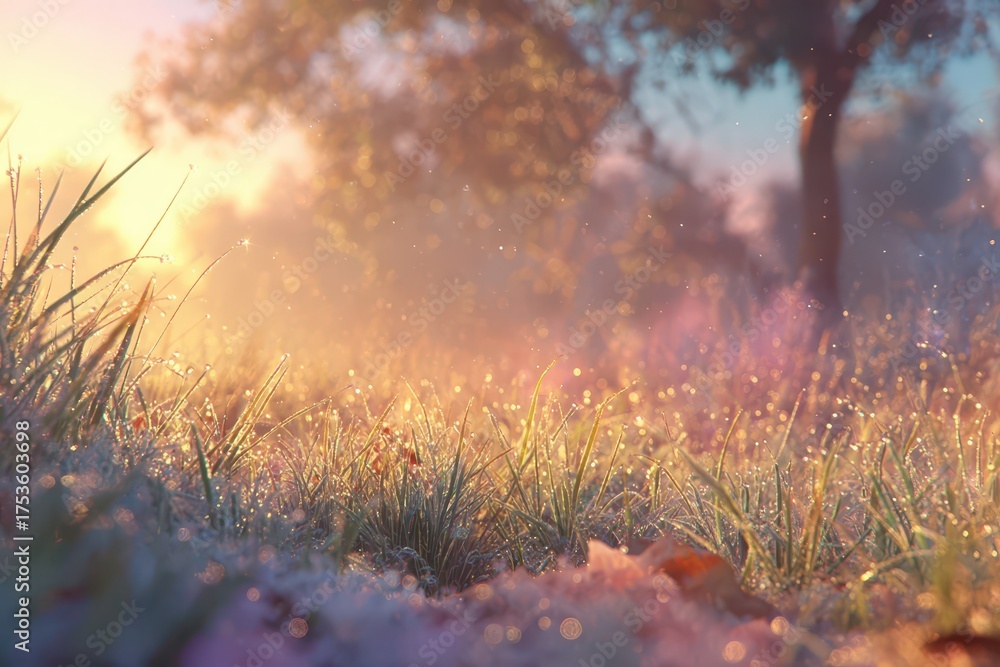 Obraz premium Vibrant dewy grass shimmering in warm, magical morning light with bokeh effect.