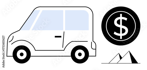 Wallpaper Mural Minimalist car illustration alongside a dollar coin and triangular chart. Ideal for finance, transportation, affordability, investment, economy, mobility, and sustainability themes. Simple flat Torontodigital.ca