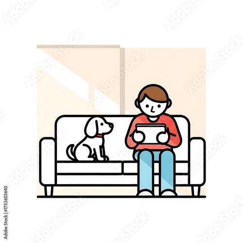 Young man sitting on sofa using tablet with dog beside him  