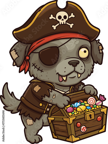 Cartoon pirate dog holding candy-filled treasure chest with skull hat and eye patch in Halloween vector style