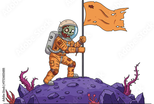 Cartoon zombie astronaut in orange space suit holding flag on alien planet with horror sci-fi theme