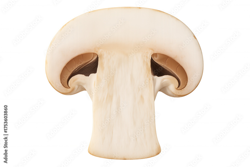 Fototapeta premium Sliced mushroom showing cross-section, detail of fresh champignon edible fungi ready for cooking, transparent background