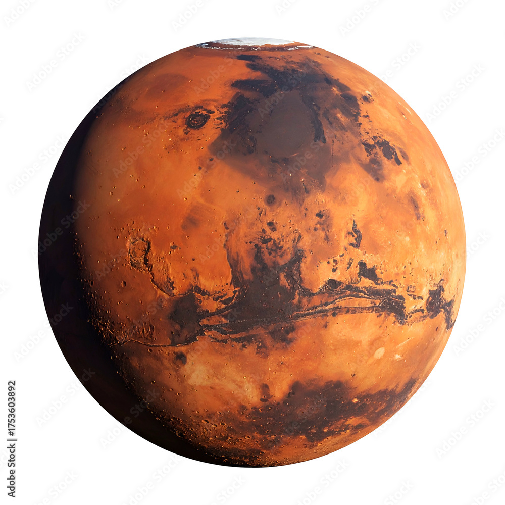 Naklejka premium Realistic depiction of the planet Mars, showcasing reddish surface details and polar ice cap