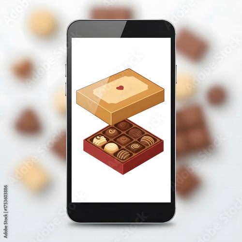 Assorted chocolates in open box with lid on neutral background  
