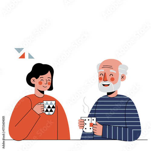 Young woman and elderly man enjoying coffee in cozy indoor setting  