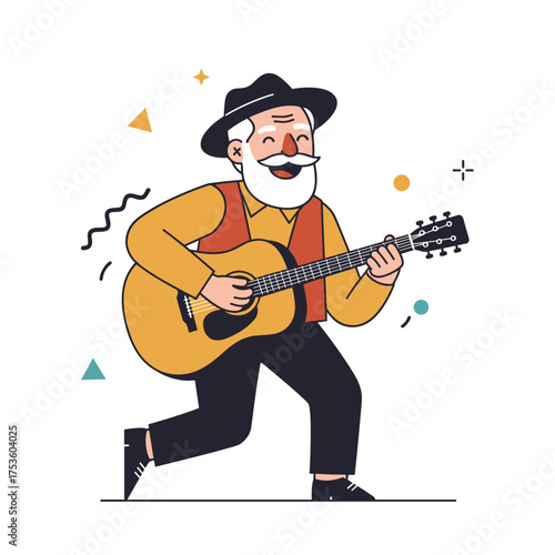 Elderly man playing guitar and singing joyfully with colorful background  