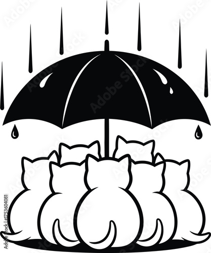 Cute black and white illustration of several cats huddled together under a black umbrella during a rain shower