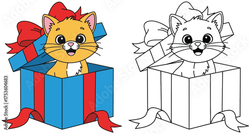 Adorable Kitten in a Gift Box - Cute Cartoon Cat with Red Bow for Celebrations and Special Occasions
