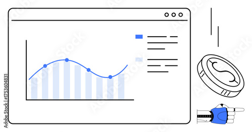 Graph with upward trend on a digital dashboard, robot hand pointing at it, and a falling coin. Ideal for business growth, finance, automation, data analysis, AI innovation digital economy. Simple