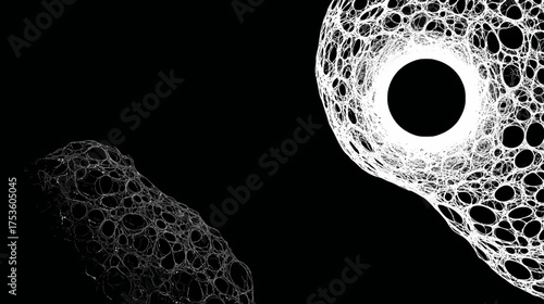 Abstract organic white network structure with dark void on black, intricate cellular mesh design, modern science and technology background.