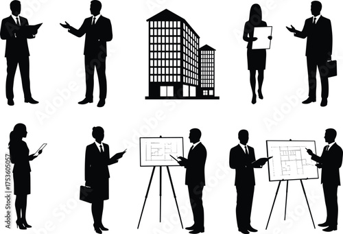 Business Professionals and Architectural Planning Silhouettes in Corporate Vector Style Featuring Building Design, Team Collaboration, and Real Estate Development Presentation Concepts