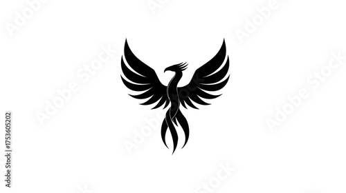 Stylized black phoenix bird silhouette on white, powerful mythical creature rising, symbol of rebirth, strength, and eternity, graphic design element.