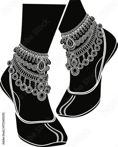 Elegant indian anklets adorn bare feet wearing traditional jutti footwear silhouette