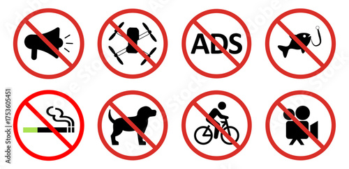 Red and black prohibition sign icons. featuring symbols for no loud noise, drones, ads, fishing, smoking, dogs, cycling, and recording, isolated on transparent vector