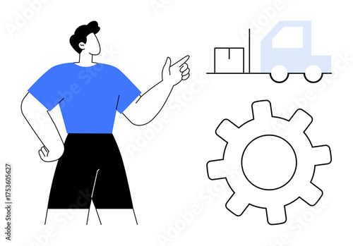 Worker pointing towards delivery truck and cargo alongside a gear. Ideal for supply chain, logistics, manufacturing, operations, teamwork, solutions, productivity. Simple flat metaphor