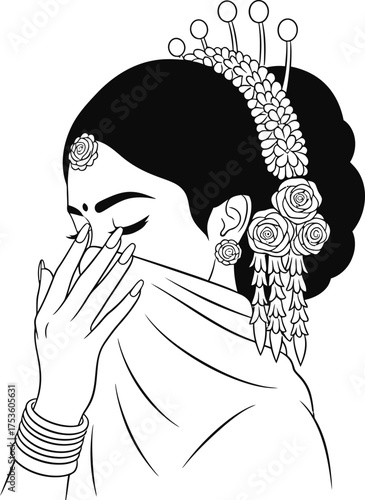 Elegant indian woman with traditional floral hairstyle and veil covering face in minimalist line art style